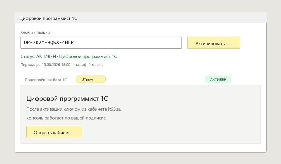 Поле ключа и кнопка Активировать во внешней обработке